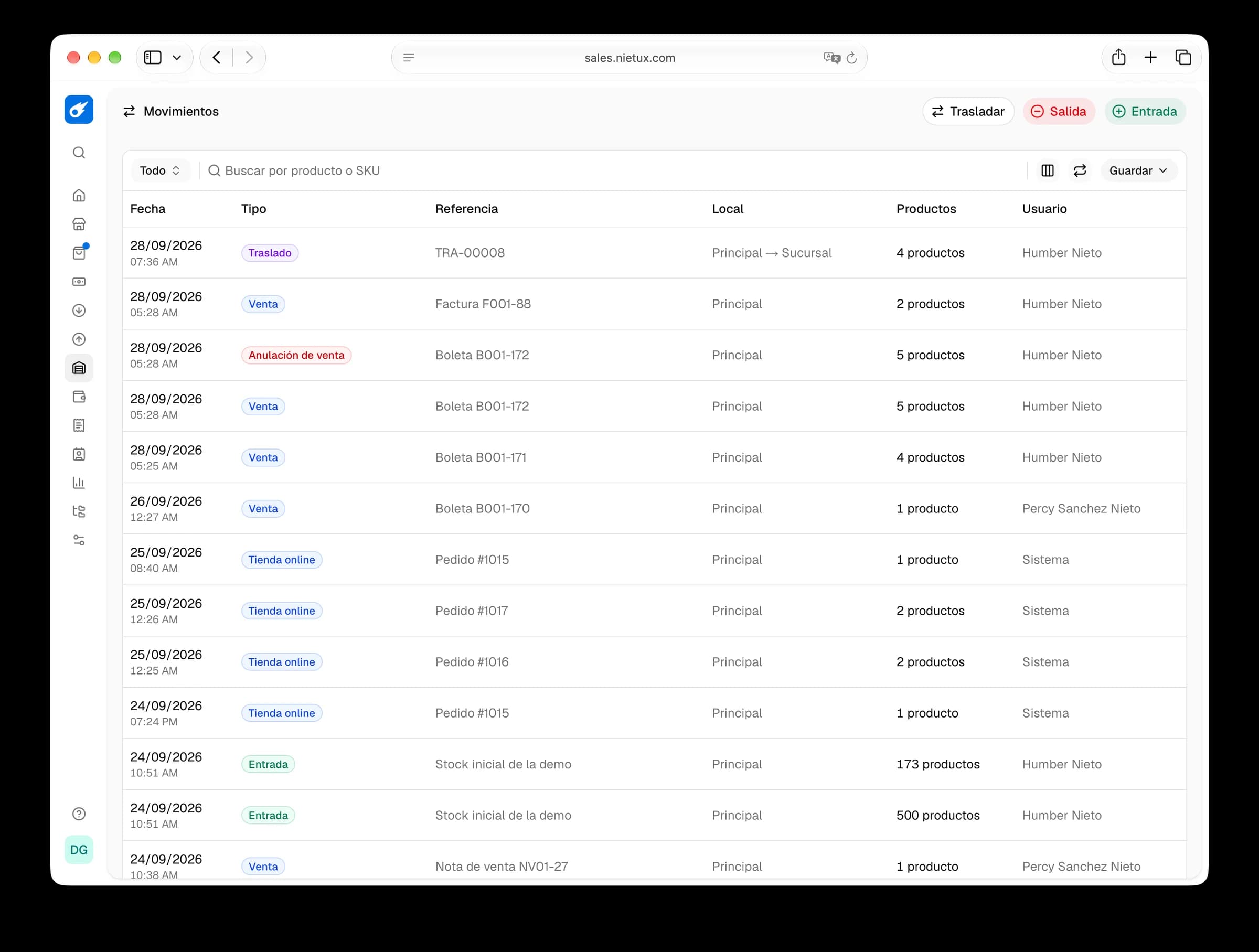 Historial de movimientos de stock con ventas, pedidos de la tienda online, entradas y traslados