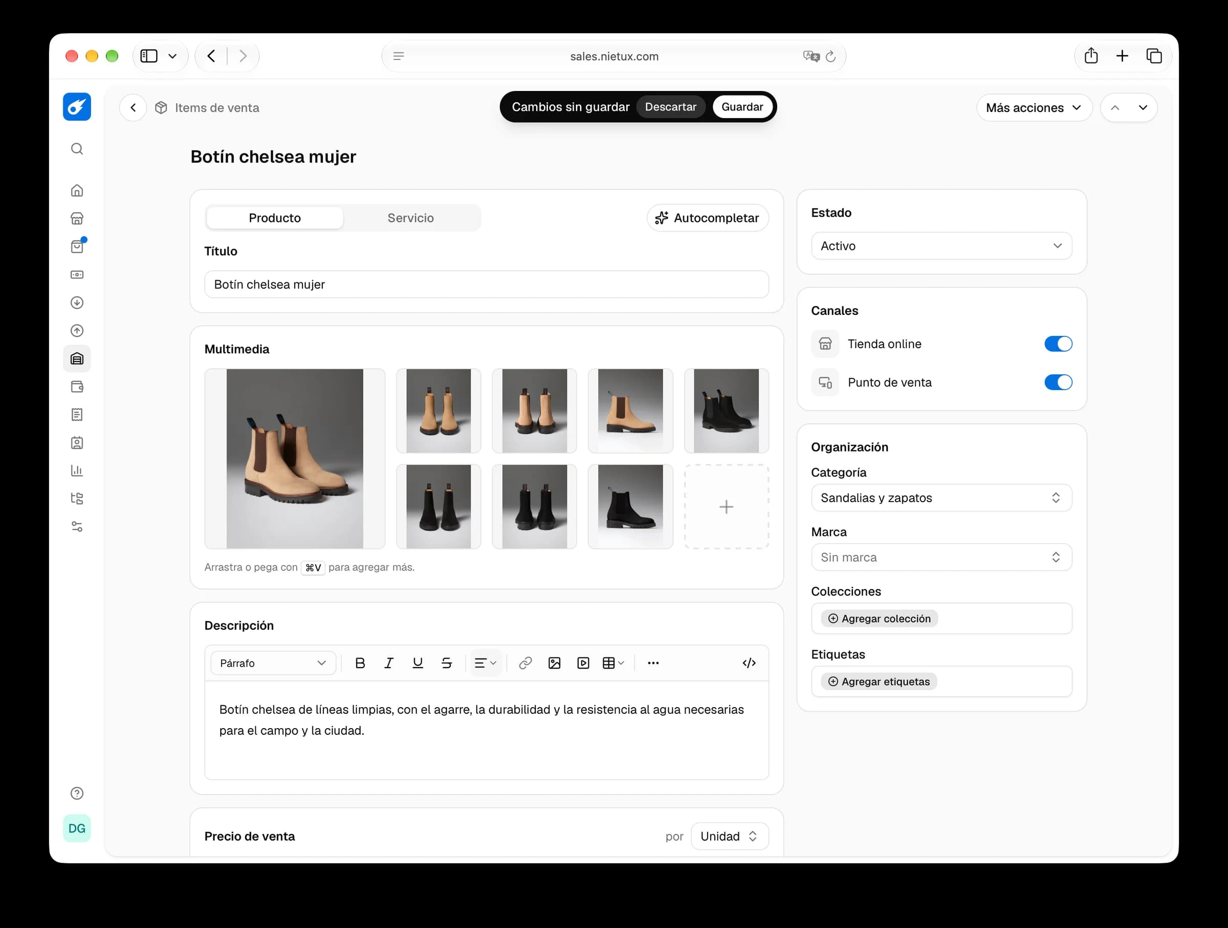 Ficha de producto con sus fotos, descripción, canales de venta y organización por categoría y marca