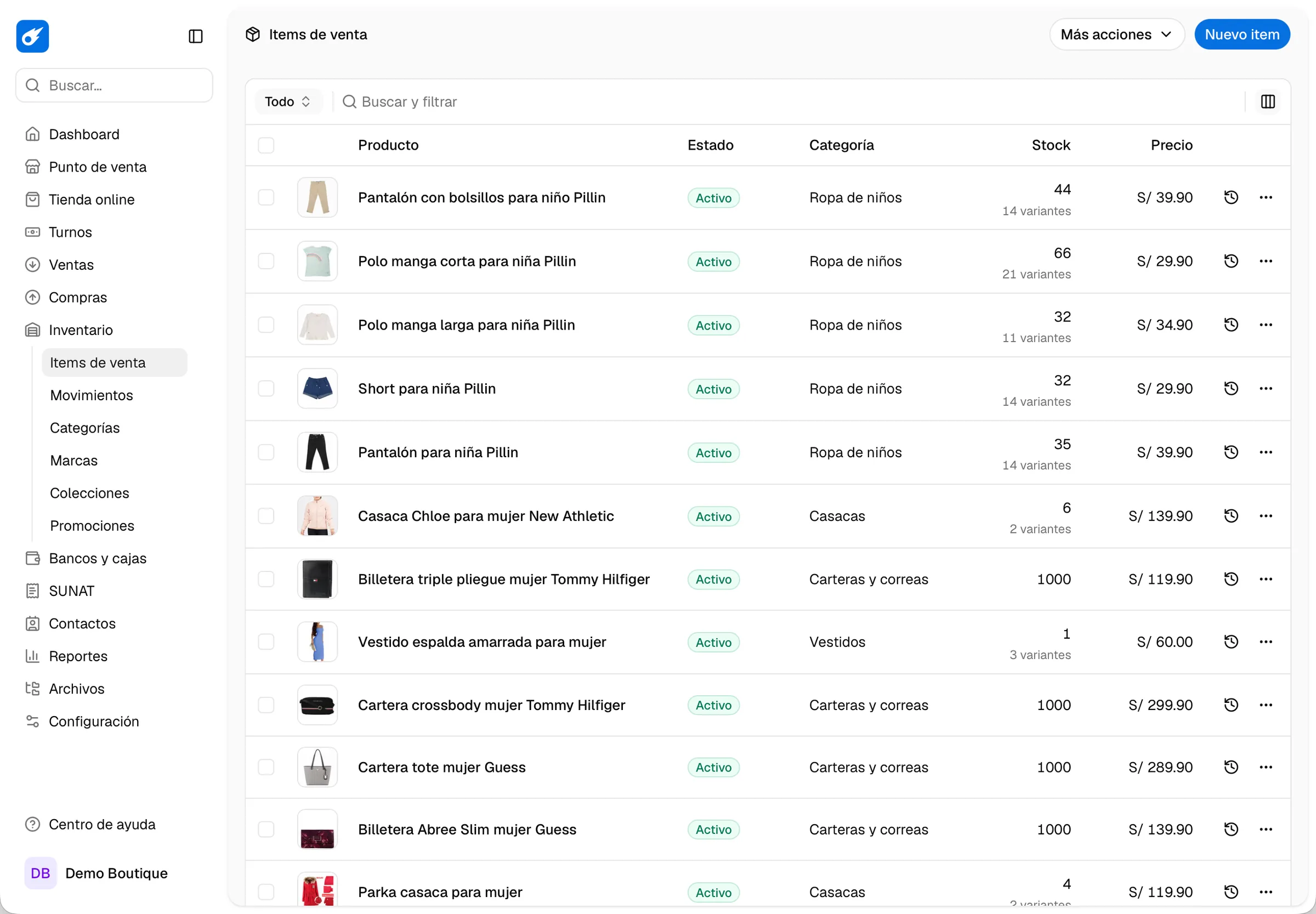 Productos de una boutique con su foto, categoría, variantes, stock y precio