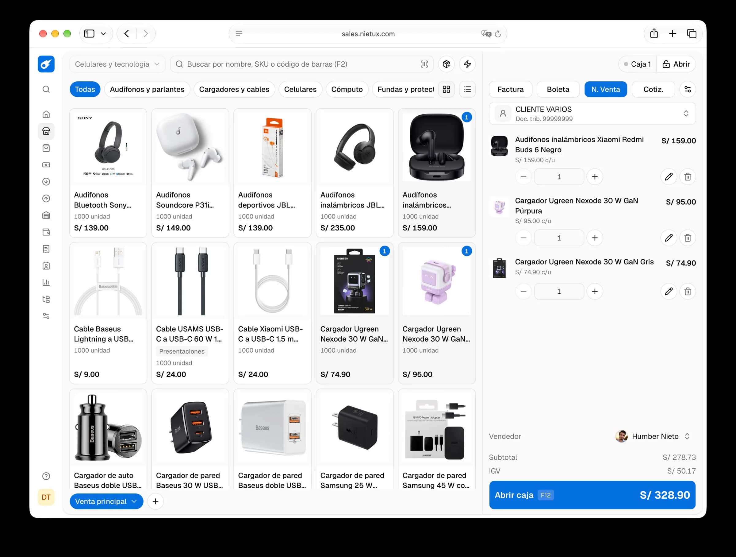 Punto de venta de una tienda de celulares con el catálogo por categorías y el carrito listo para cobrar
