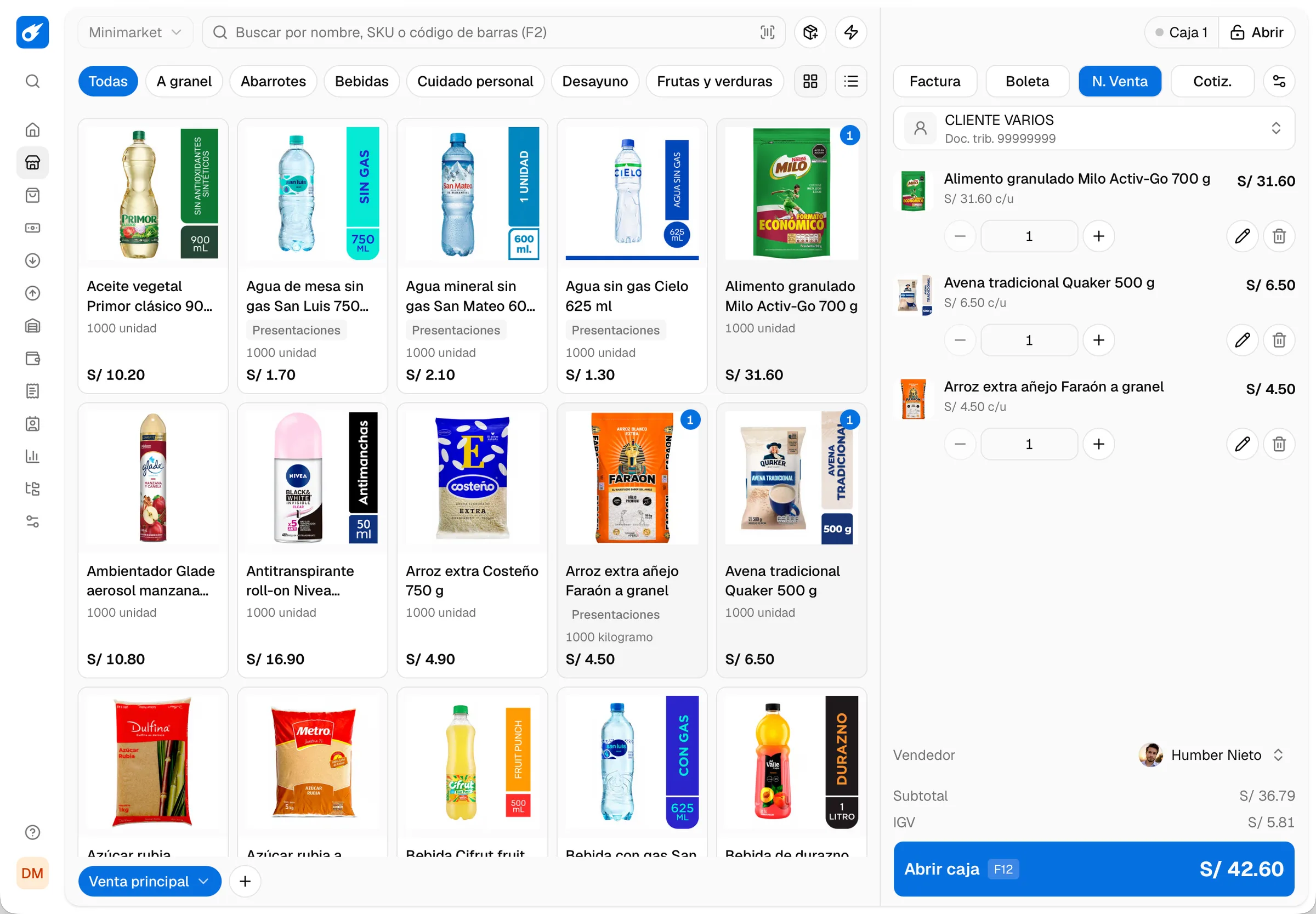 Punto de venta de un minimarket con el catálogo por categorías y el carrito listo para cobrar