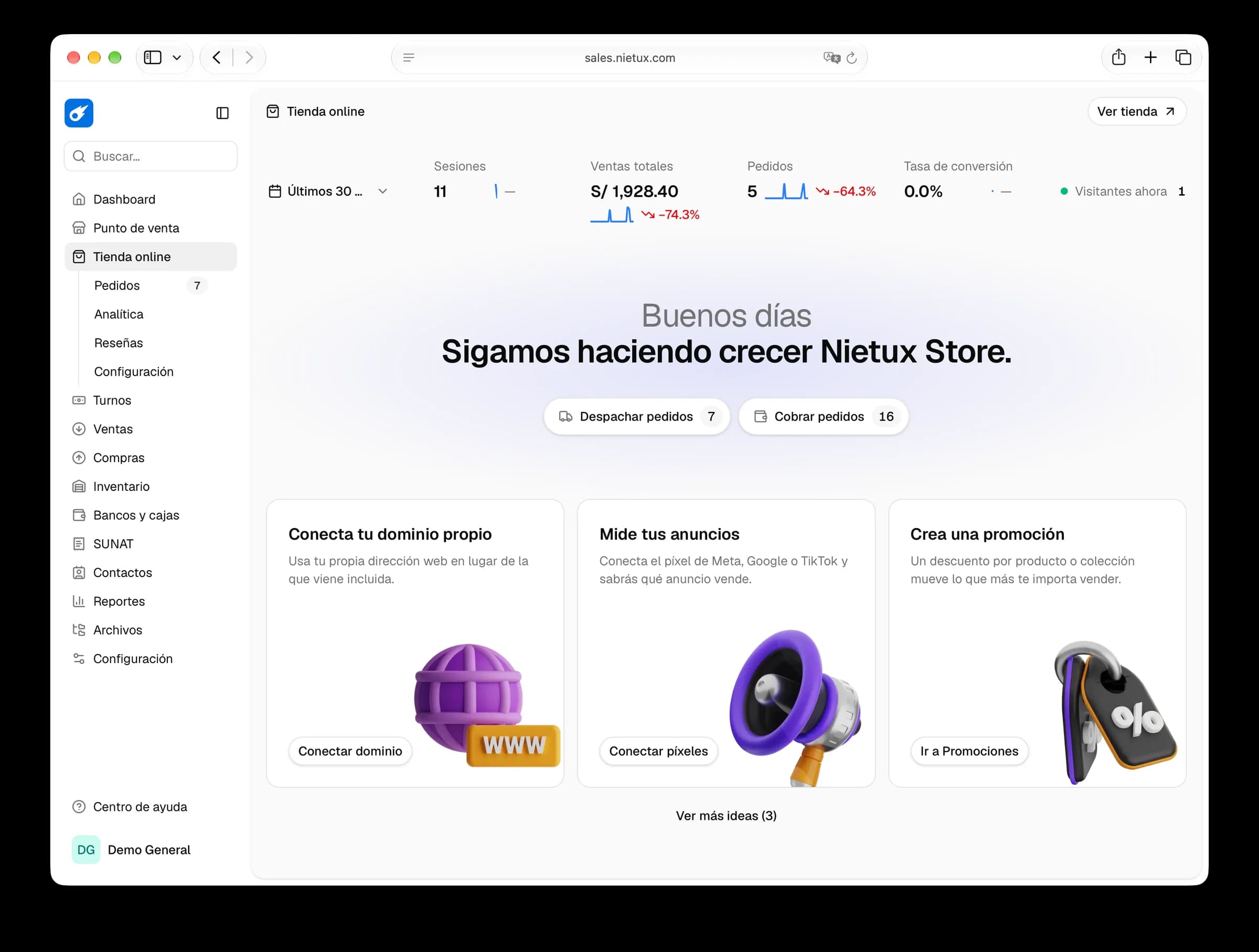 Portada de la tienda online en el panel, con sus ventas, pedidos y los siguientes pasos