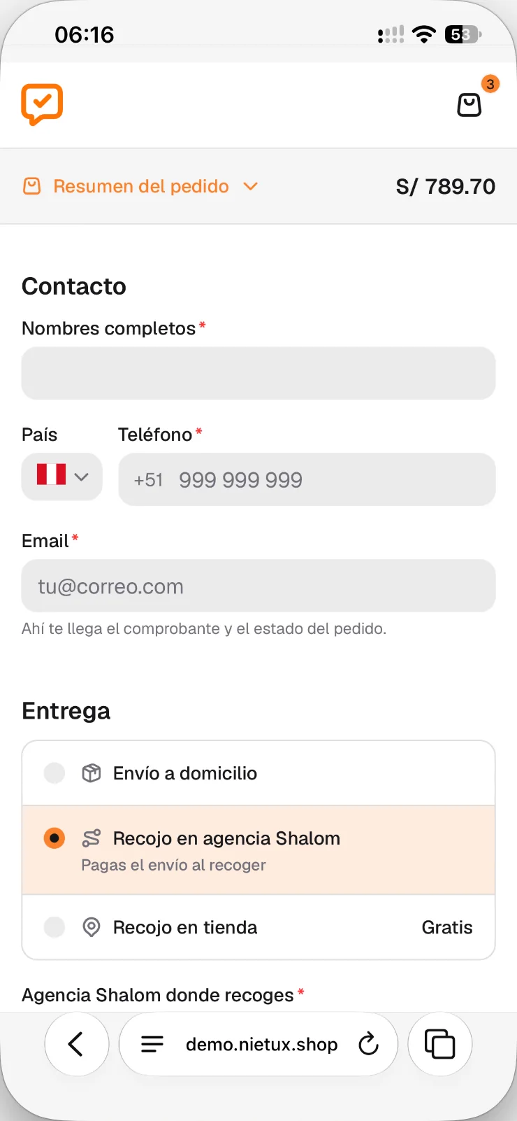 Checkout de la tienda online en el celular, con envío a domicilio, recojo en agencia Shalom y retiro en tienda