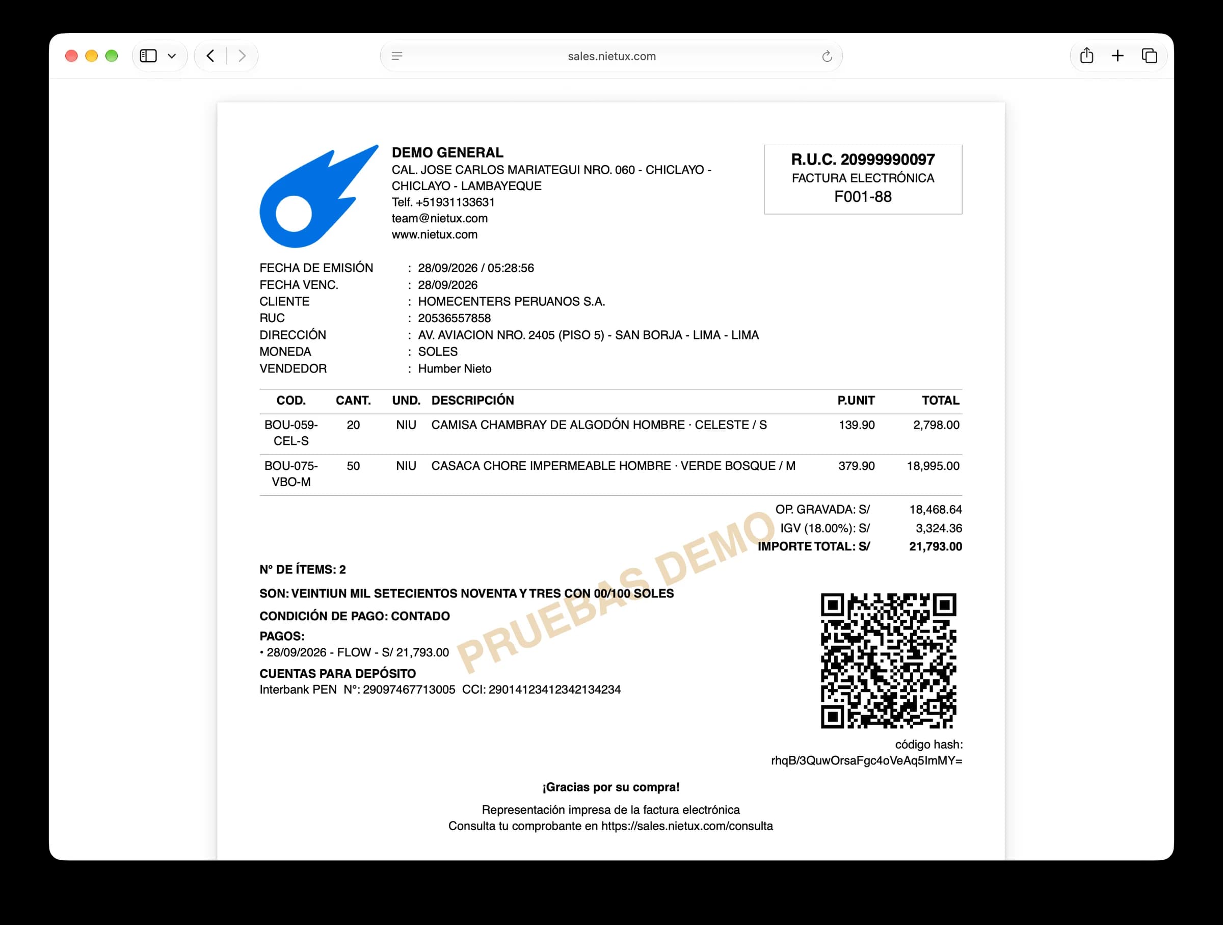 Factura electrónica en A4 con el detalle de la venta, el QR y el código hash