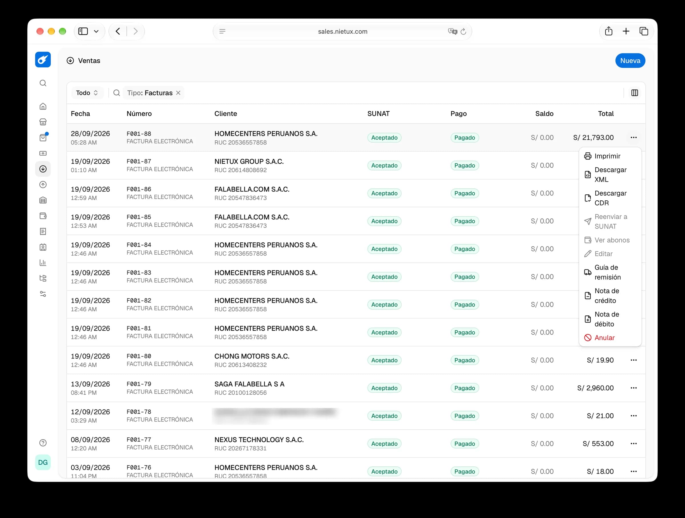 Listado de facturas con su estado ante SUNAT y el menú para imprimir, descargar XML y CDR, emitir notas y guías o anular
