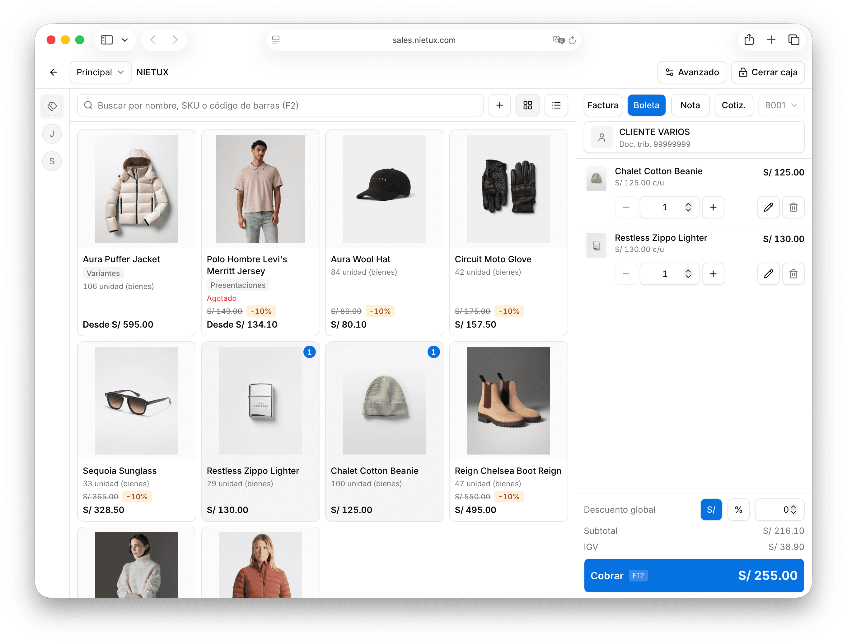 Punto de venta de Nietux Sales cobrando una venta en mostrador