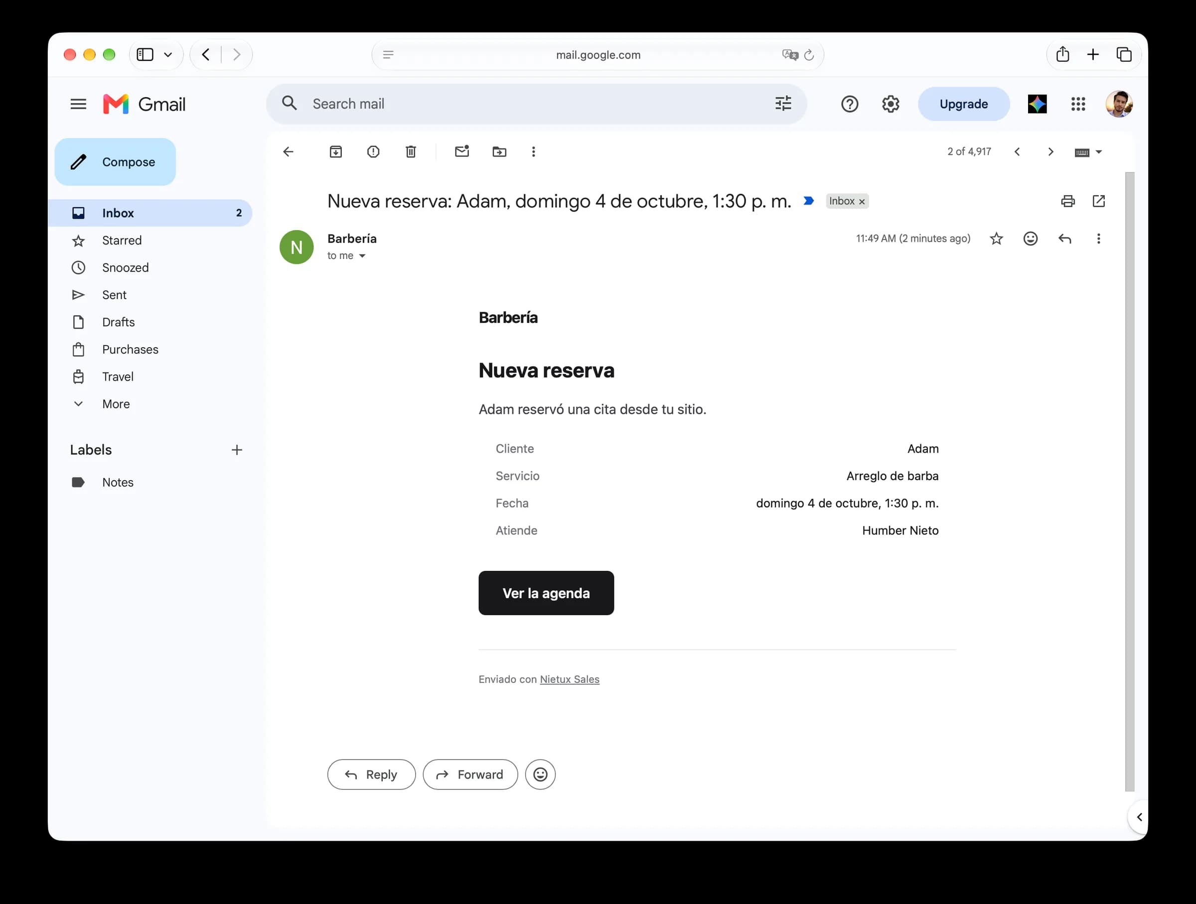 Correo de nueva reserva con el cliente, el servicio, la fecha y quién atiende
