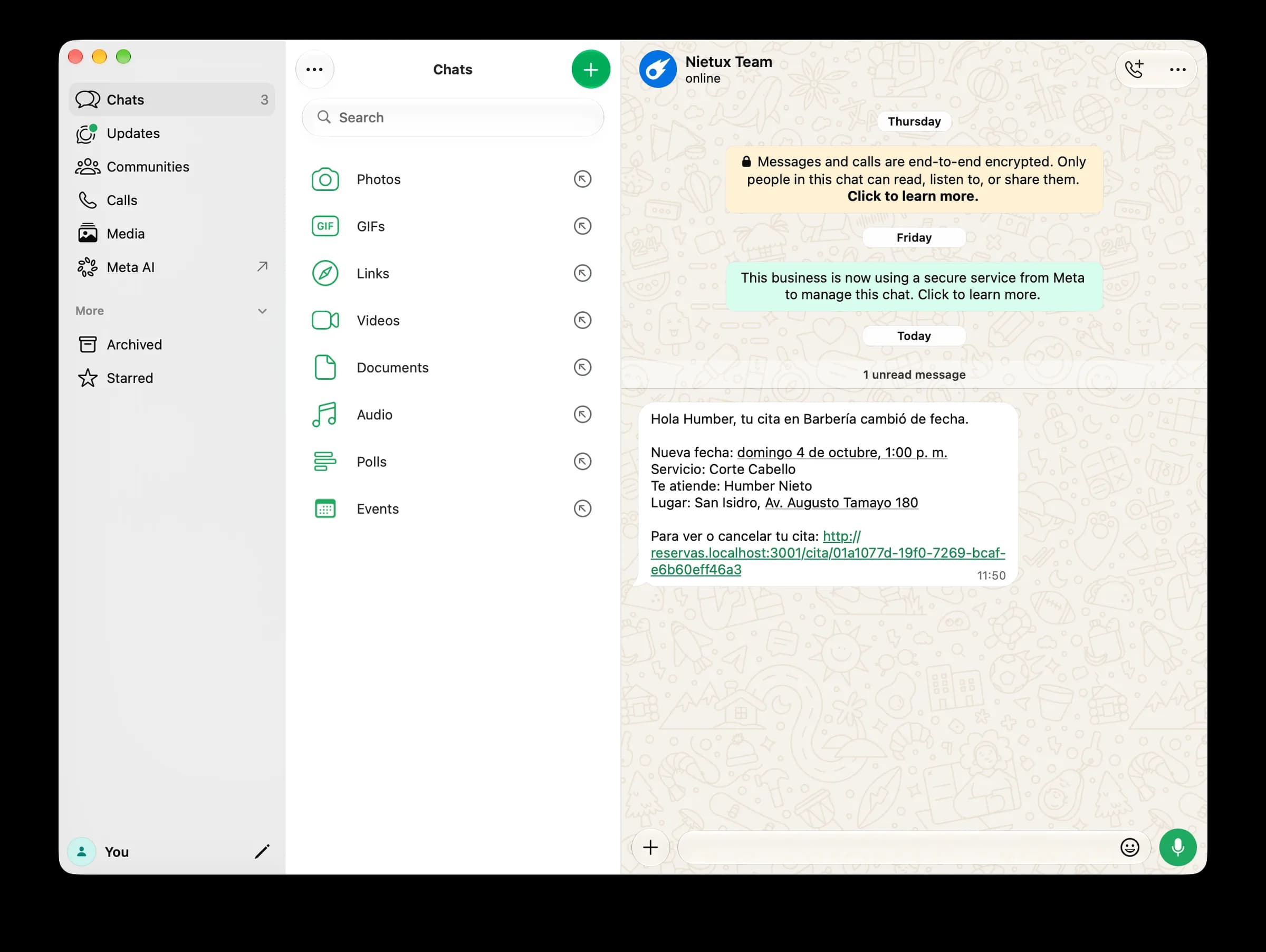 Mensaje de WhatsApp con la nueva fecha de una cita y el enlace para verla
