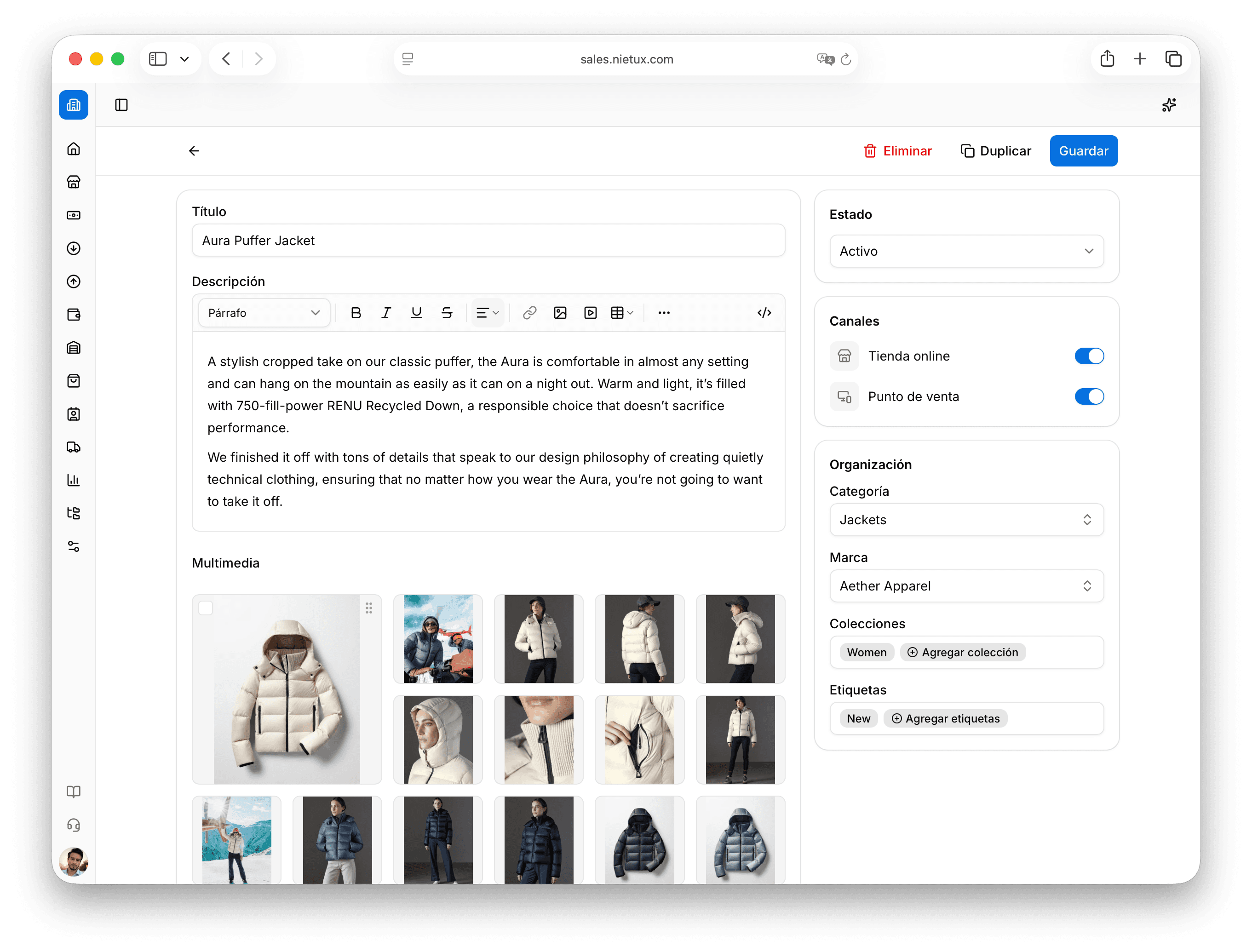 Tienda online publicada en un subdominio de Nietux Sales